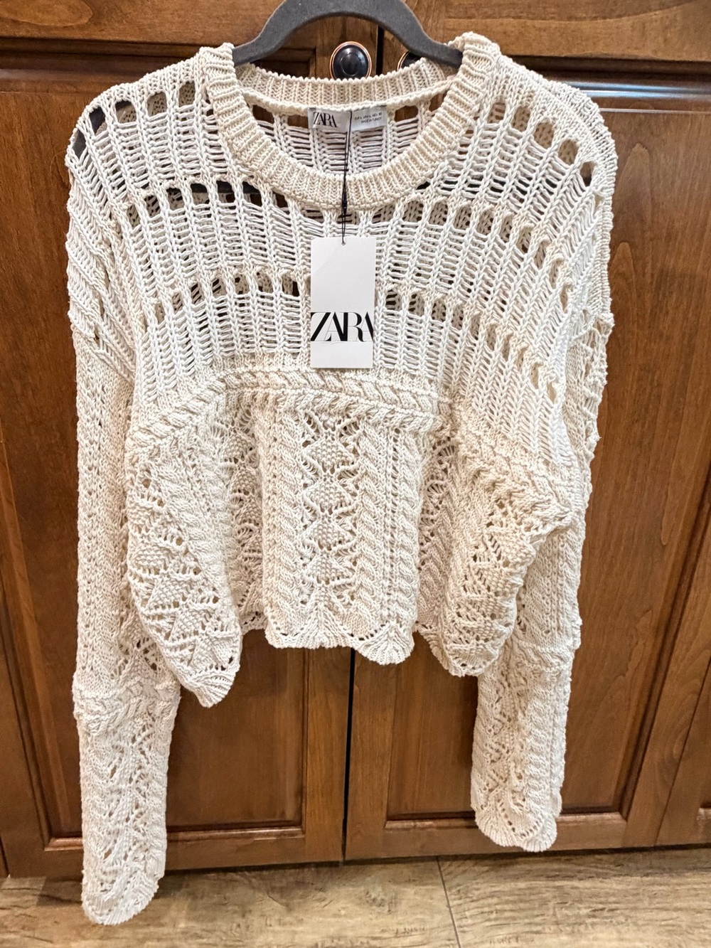ZARA Cream Open-Work Crochet Crewneck Sweater